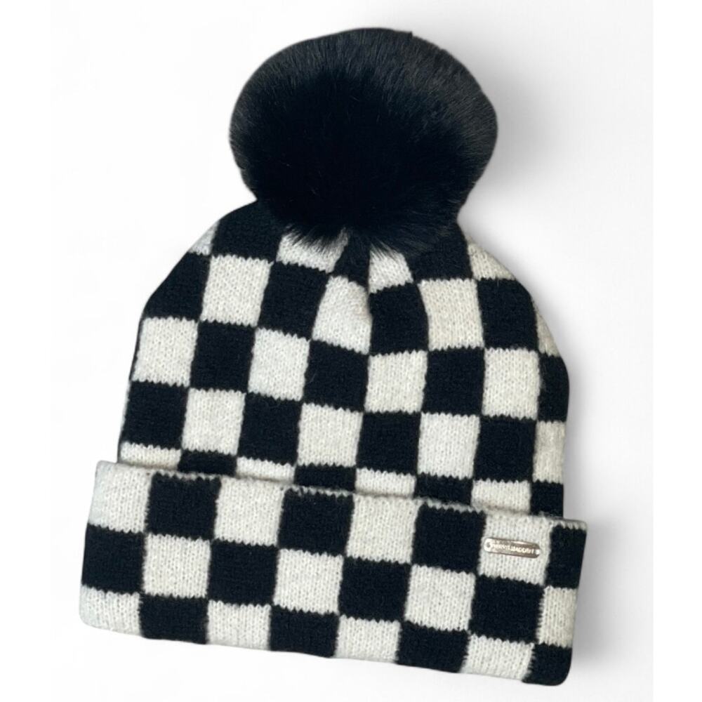 Steve Madden Checkerboard Knit Beanie Black White Faux Fur Pom